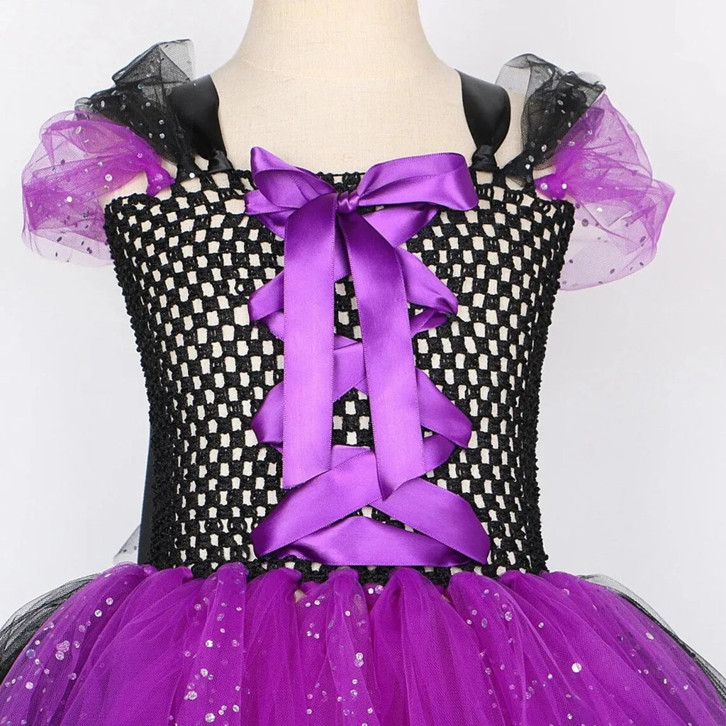2025 Halloween Festive Party Girls Cosplay Witch Purple Puffy Sleeveless Bat Decoration Dress Girls Classic Festive Clothing Set