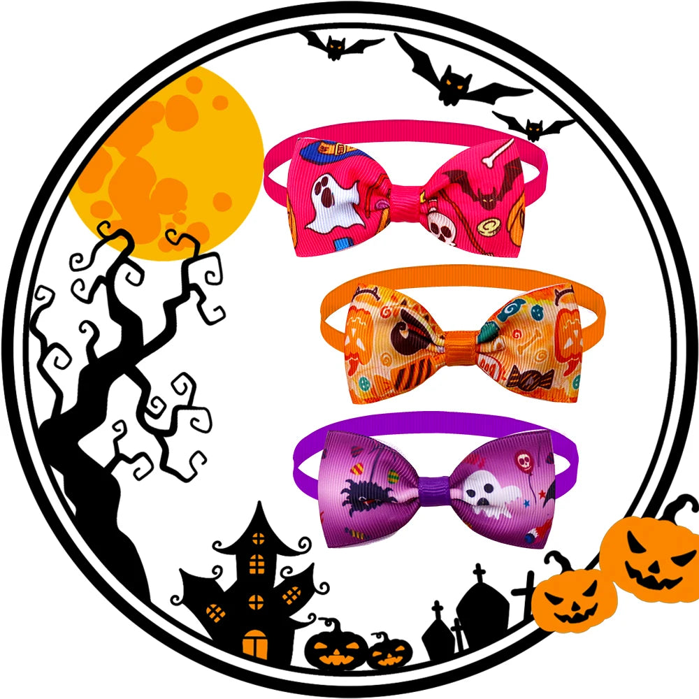 50pcs Halloween Small Dog Cat Bow Tie For Dogs Cats Bows Skull Styles Pet Dog Bowties Collar Holiday Grooming Items For Dogs