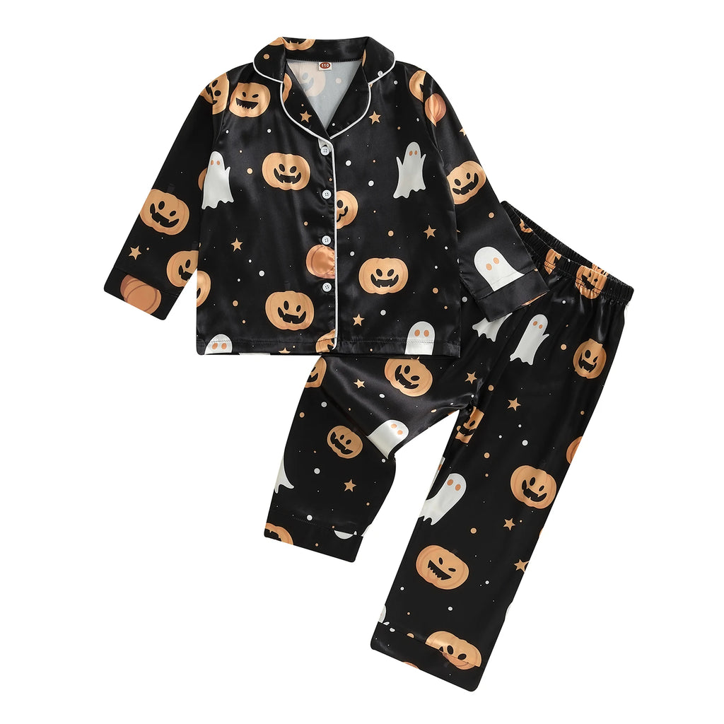 Kids 2-Piece Halloween Pajama Set with Long Sleeve Lapel Collar Shirt and Pants - Children s Sleepwear Outfit for Toddlers