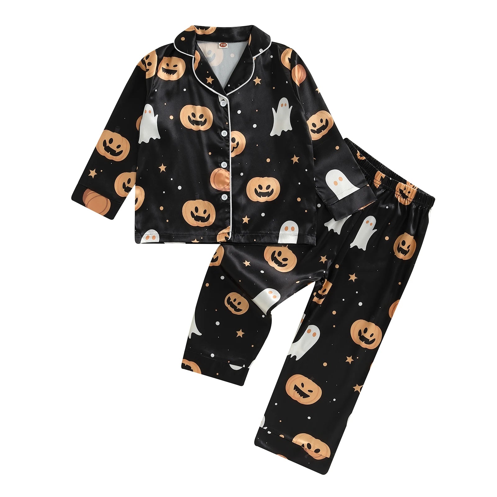 Kids 2-Piece Halloween Pajama Set with Long Sleeve Lapel Collar Shirt and Pants - Children s Sleepwear Outfit for Toddlers