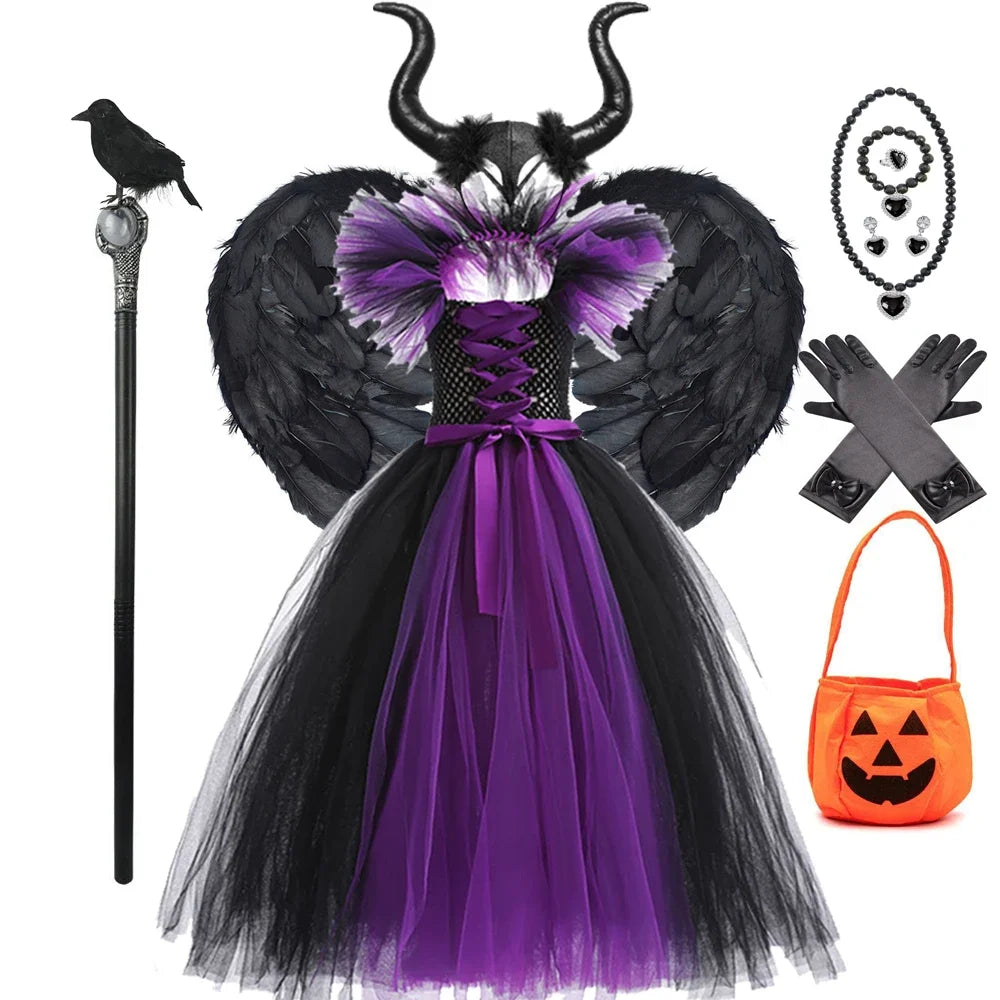 Maleficent Halloween For Children Costume Tulle Purple Black Dress Girls Cosplay Vestidos Party Evil Queen Mesh Princess Dresses