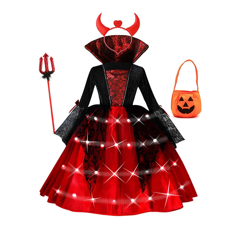 Kids Halloween Vampire Cosplay Costume Scarlet Gothic Dress with LED Light Perfect for Ghost Bride Carnival & Party Outfits