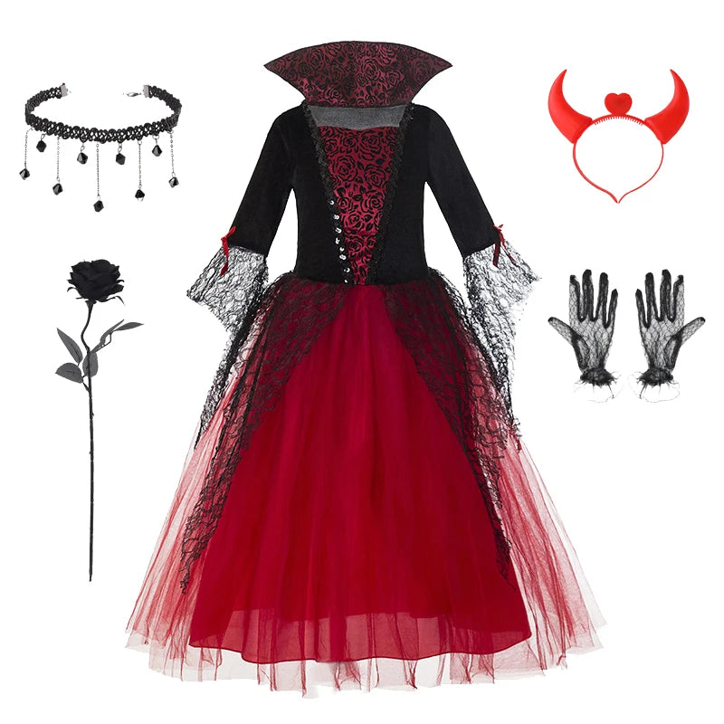 Girl Vampire Halloween Dress for Kid Ghost Bride Gothic Cosplay Vampire Costume Witch Dresses for Girls Carnival Party Clothes