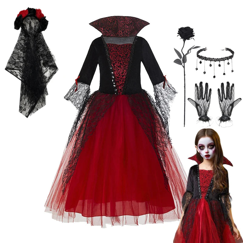 Girl Vampire Halloween Dress for Kid Ghost Bride Gothic Cosplay Vampire Costume Witch Dresses for Girls Carnival Party Clothes
