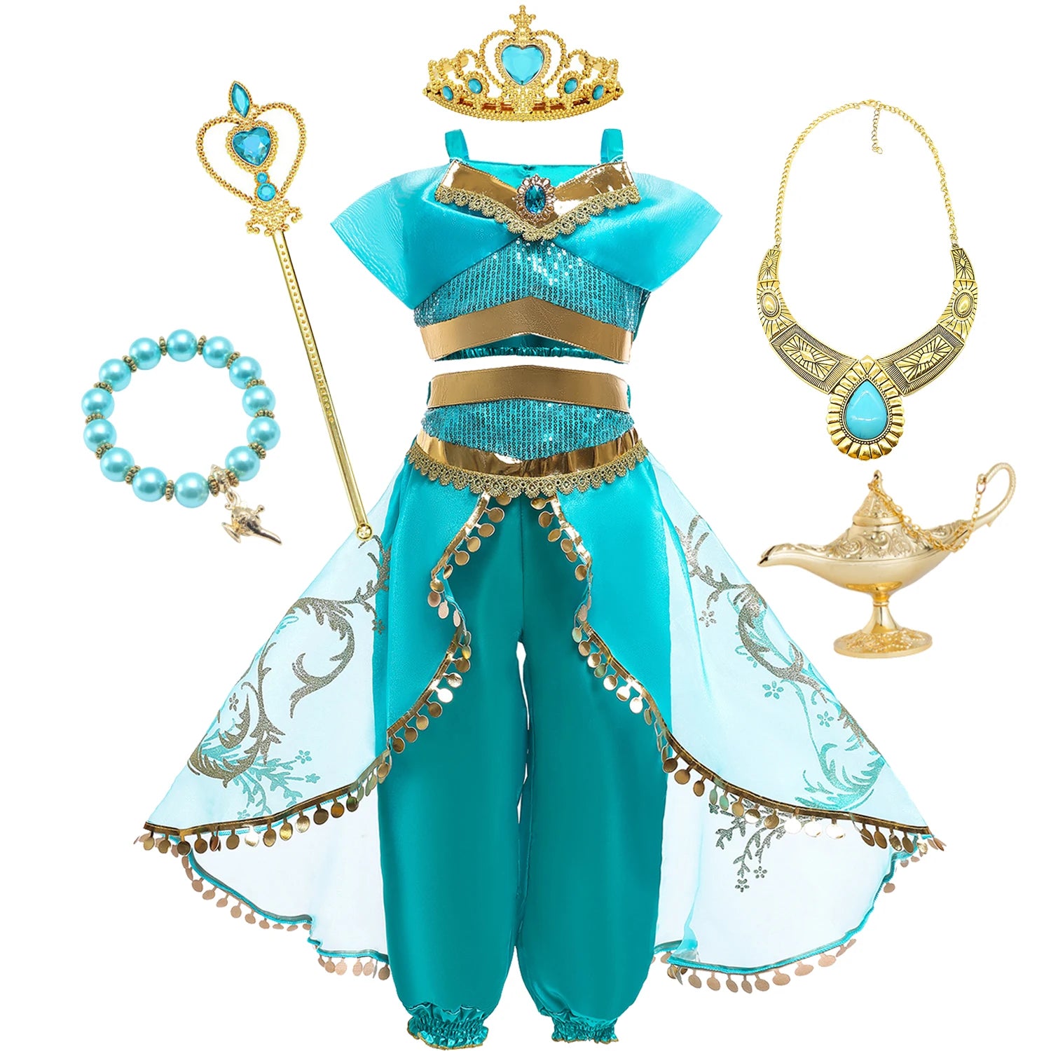 Jasmine Princess Dress for Girls Cosplay Aladdin Magic Lamp Costume Outfit Girls Halloween Kids Birthday Carnival Dance Vestidos