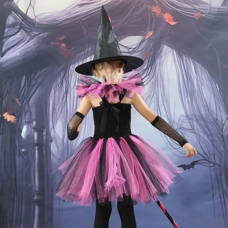 2025 Girls Cosplay Witch Halloween LED Dress Carnival Vestidos Party Kids Children Glowing Costume Party Princess Hat Dresses