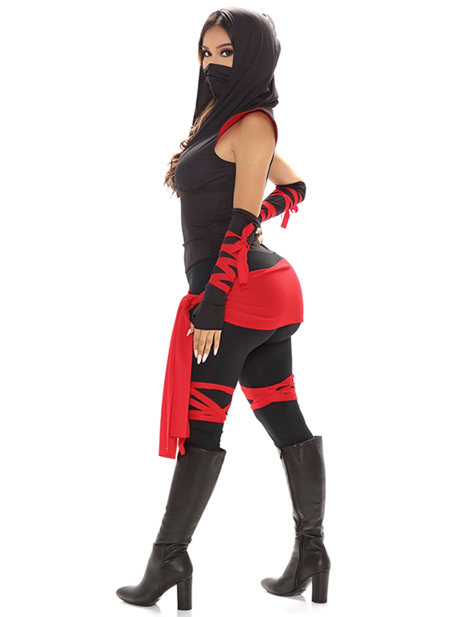 Women s Halloween Costumes Sexy Black Lace-Up Bodysuit with Hood and Arm Sleeves for Cosplay Party Outfits