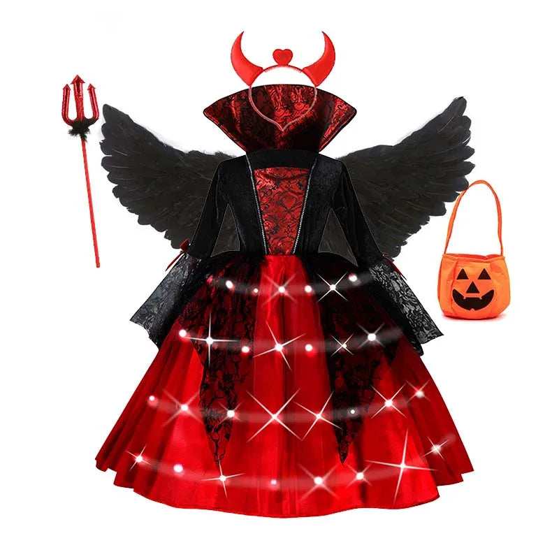 Kids Halloween Vampire Cosplay Costume Scarlet Gothic Dress with LED Light Perfect for Ghost Bride Carnival & Party Outfits