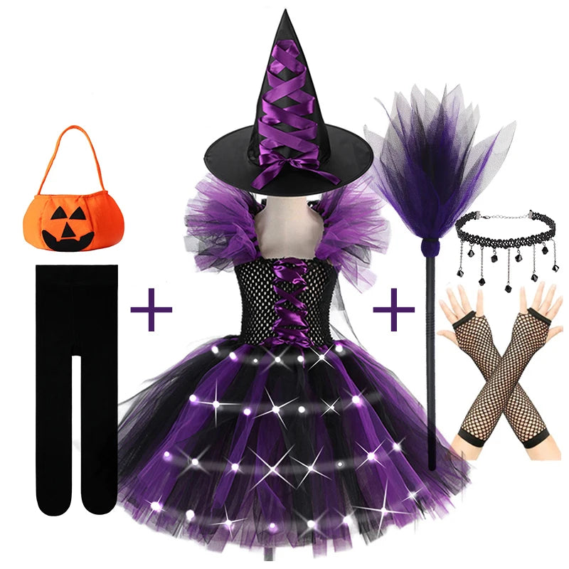 2025 Girls Cosplay Witch Halloween LED Dress Carnival Vestidos Party Kids Children Glowing Costume Party Princess Hat Dresses