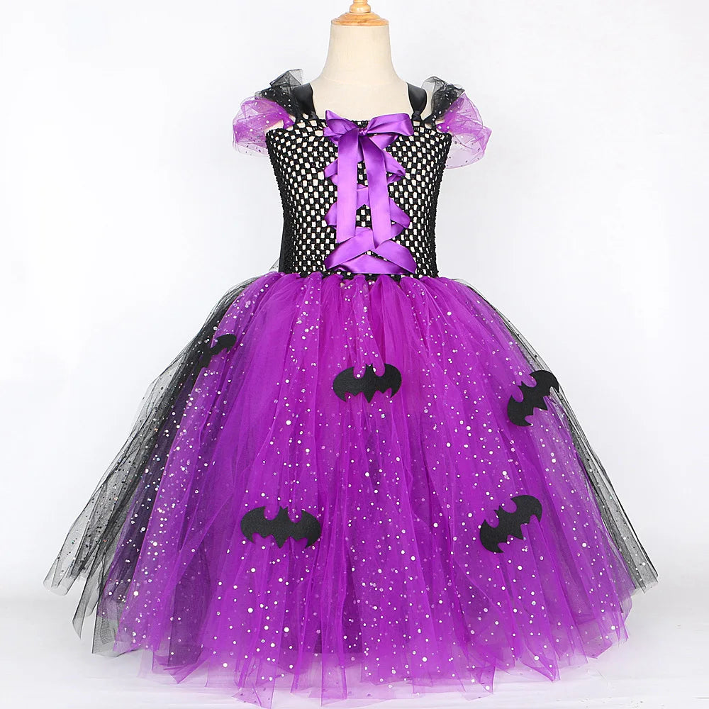 2025 Halloween Festive Party Girls Cosplay Witch Purple Puffy Sleeveless Bat Decoration Dress Girls Classic Festive Clothing Set