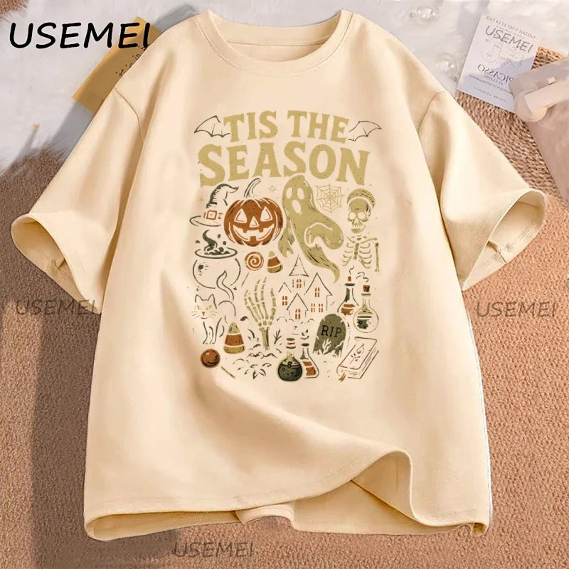 Retro Halloween T-Shirt Tis The Season Vintage Halloween Pumpkin Ghost Graphic Tee Men Women Loose Short Sleeve T-shirts Clothes