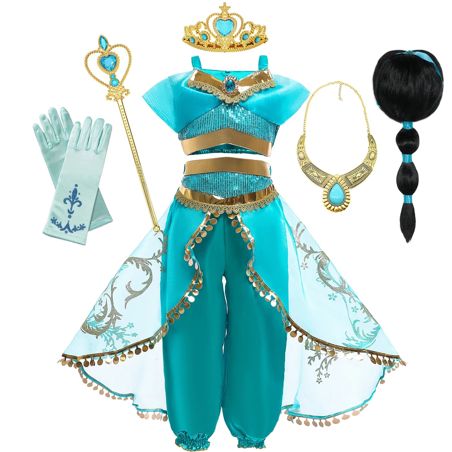 Jasmine Princess Dress for Girls Cosplay Aladdin Magic Lamp Costume Outfit Girls Halloween Kids Birthday Carnival Dance Vestidos