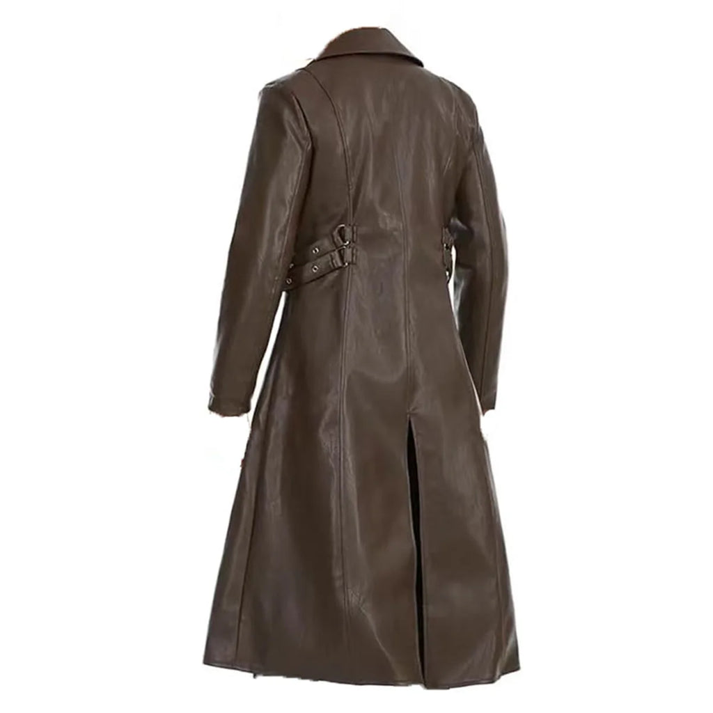 Men Steampunk Faux Leather Vintage Jacket Medieval Trench Coat Long Outwear Winter Gothic Windbreaker Motorcycle Halloween Stage
