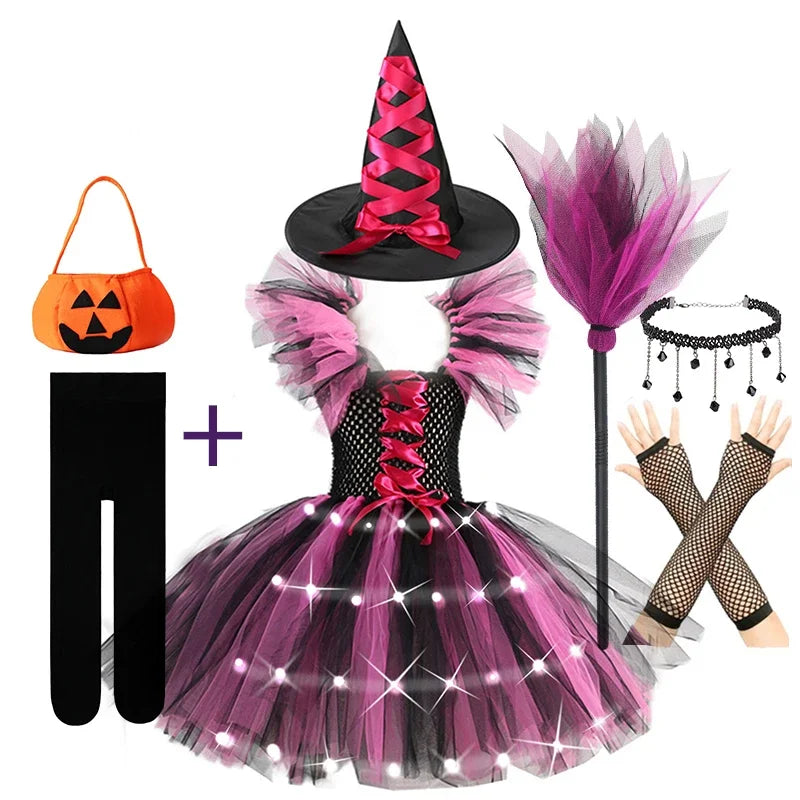 2025 Girls Cosplay Witch Halloween LED Dress Carnival Vestidos Party Kids Children Glowing Costume Party Princess Hat Dresses