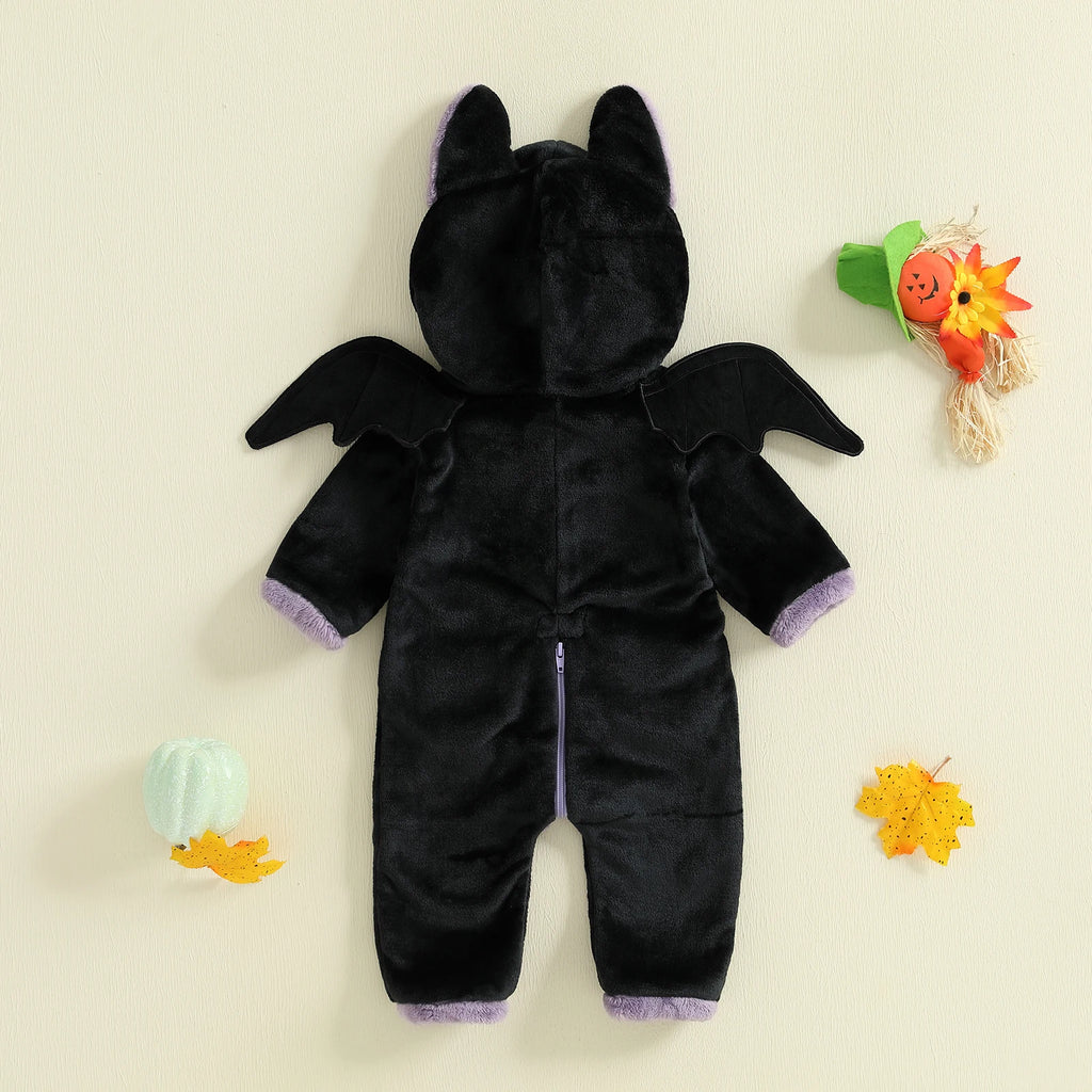 Halloween Baby Black Cat Rompers Cosplay Costume Fleece Long Sleeve Hooded Zip-Up Jumpsuit Infant Fuzzy Warm Hooded Overall