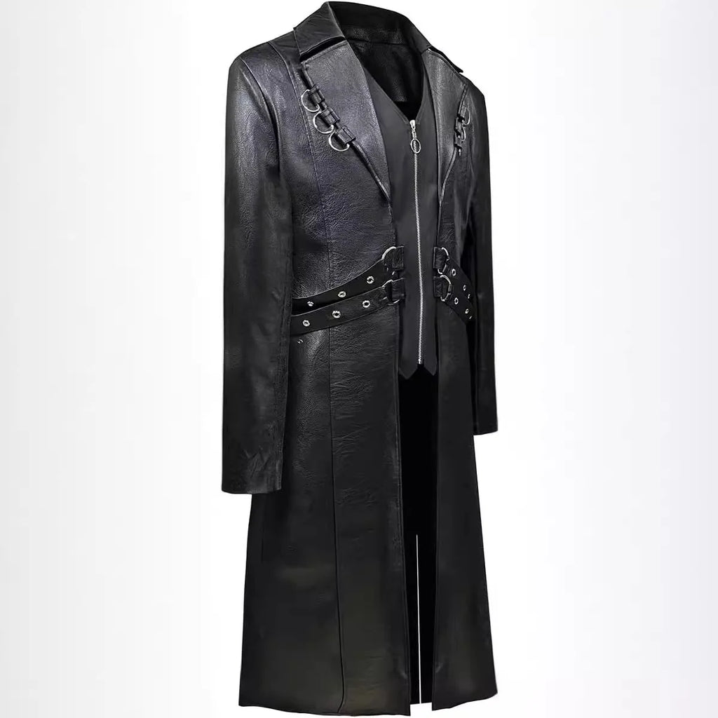 Men Steampunk Faux Leather Vintage Jacket Medieval Trench Coat Long Outwear Winter Gothic Windbreaker Motorcycle Halloween Stage