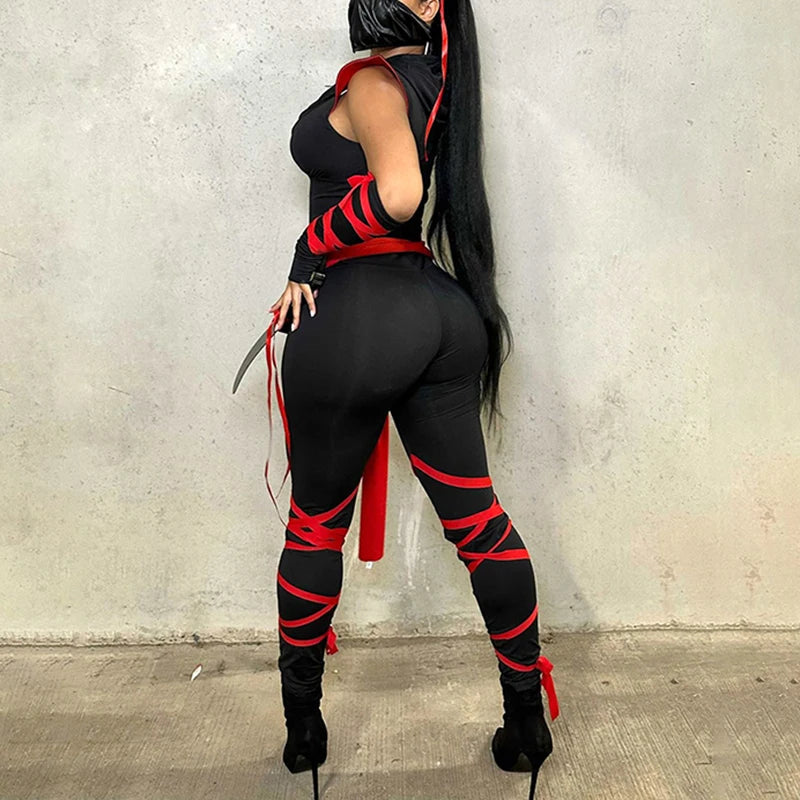 Women s Halloween Costumes Sexy Black Lace-Up Bodysuit with Hood and Arm Sleeves for Cosplay Party Outfits