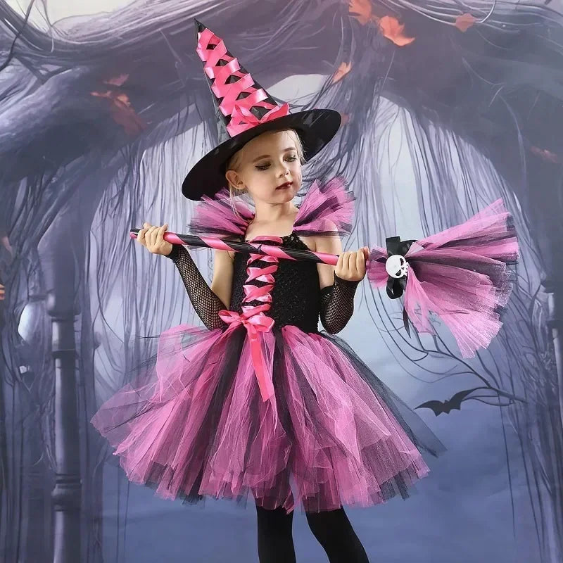 2025 Girls Cosplay Witch Halloween LED Dress Carnival Vestidos Party Kids Children Glowing Costume Party Princess Hat Dresses