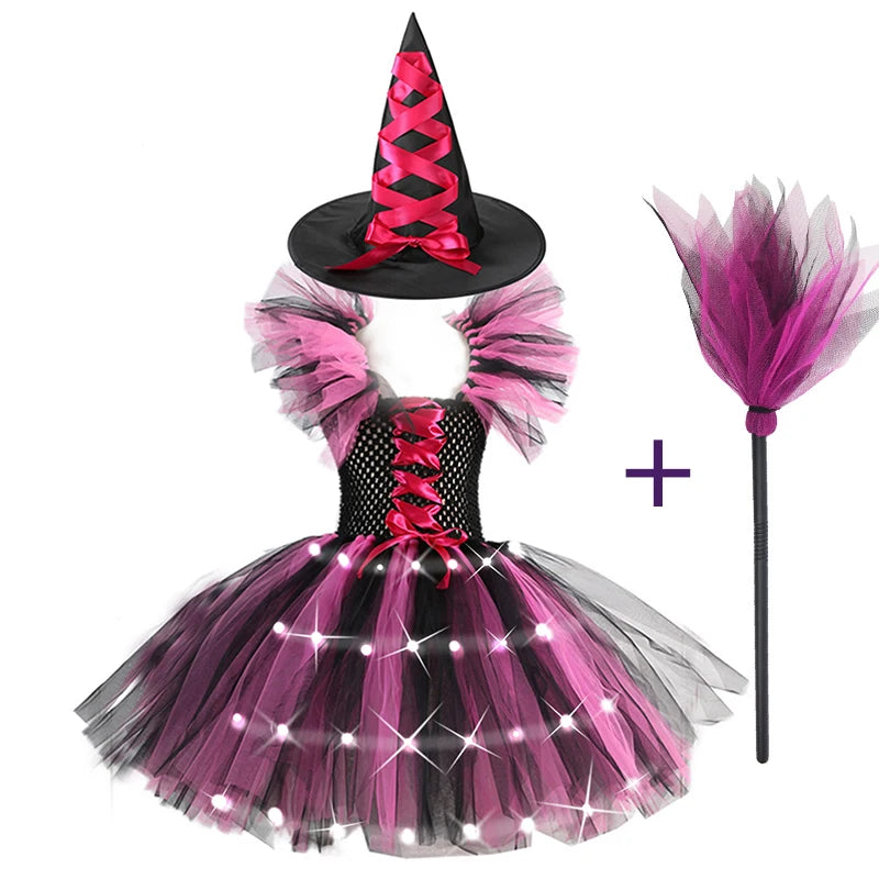 2025 Girls Cosplay Witch Halloween LED Dress Carnival Vestidos Party Kids Children Glowing Costume Party Princess Hat Dresses