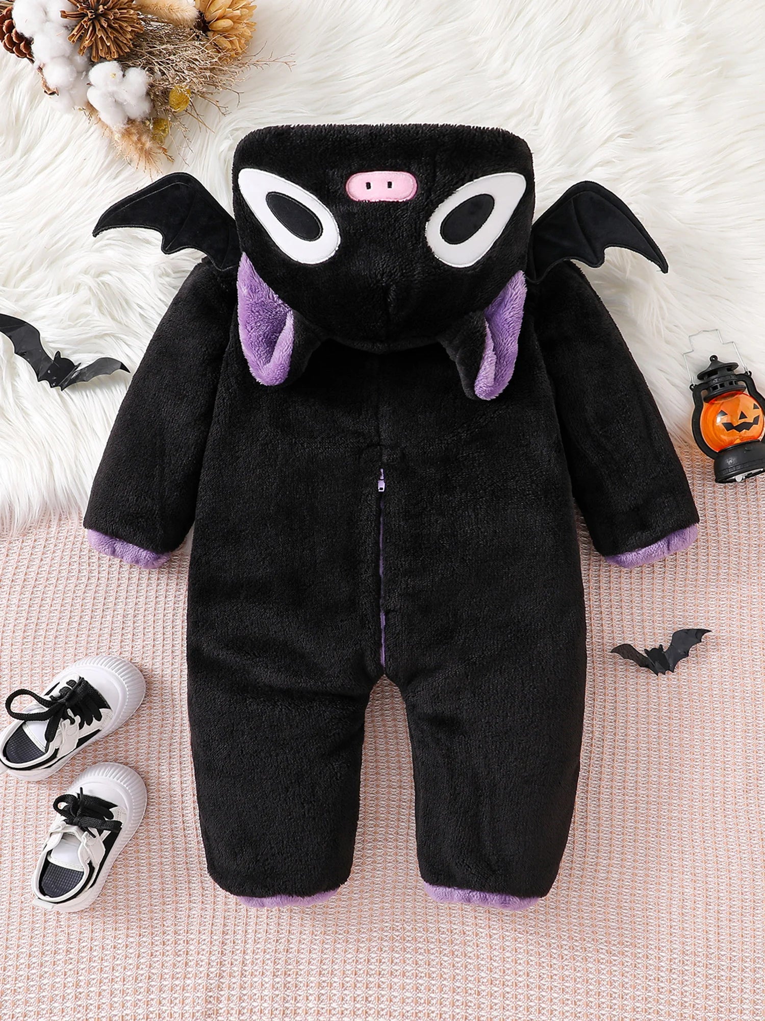 Halloween Baby Black Cat Rompers Cosplay Costume Fleece Long Sleeve Hooded Zip-Up Jumpsuit Infant Fuzzy Warm Hooded Overall