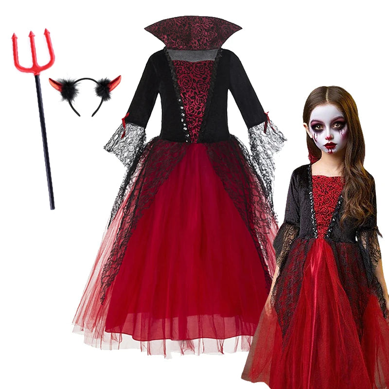 Girl Vampire Halloween Dress for Kid Ghost Bride Gothic Cosplay Vampire Costume Witch Dresses for Girls Carnival Party Clothes