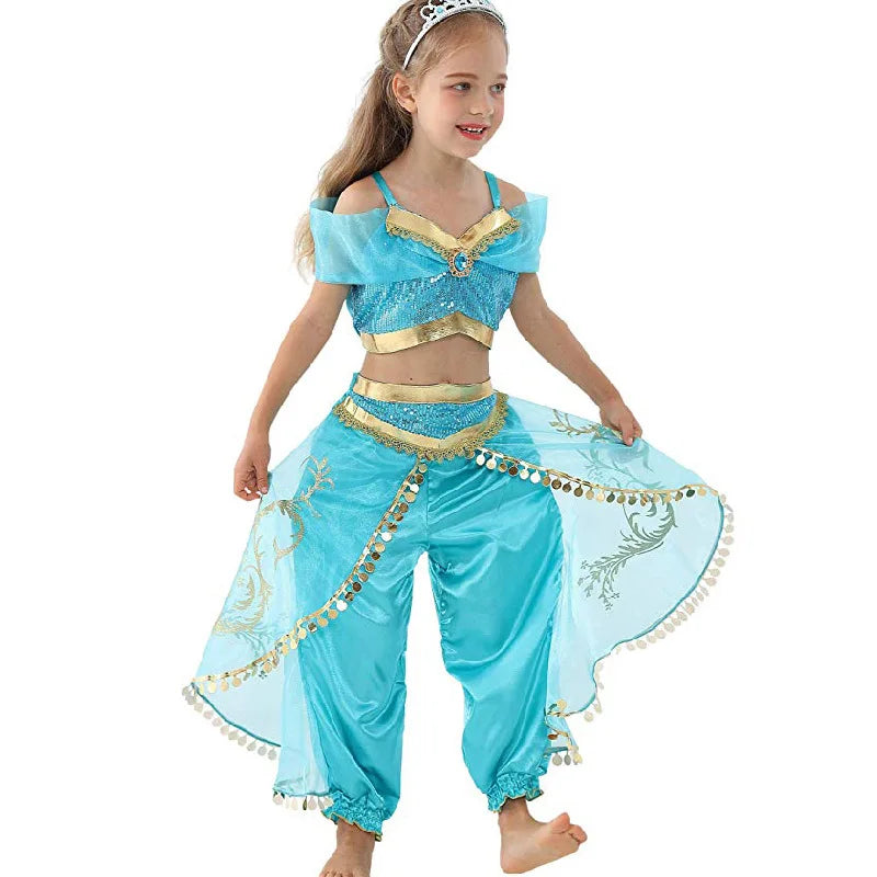 Jasmine Princess Dress for Girls Cosplay Aladdin Magic Lamp Costume Outfit Girls Halloween Kids Birthday Carnival Dance Vestidos