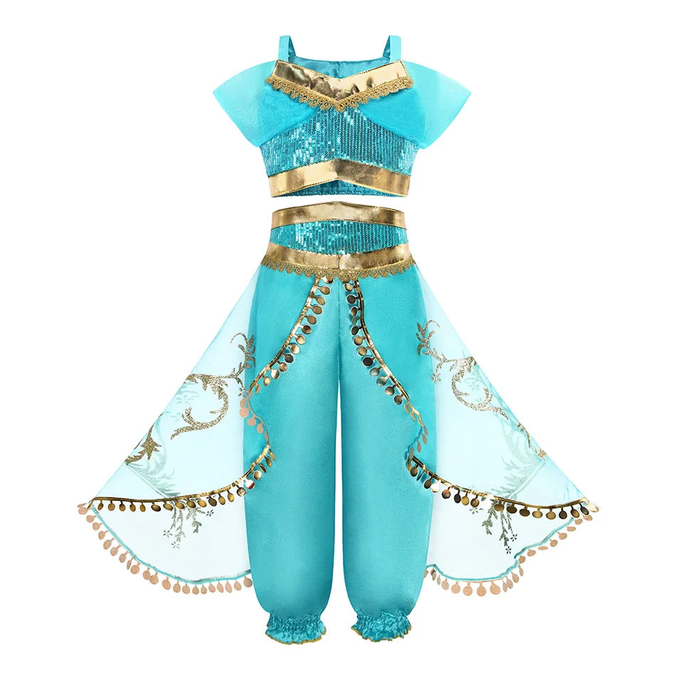 Jasmine Princess Dress for Girls Cosplay Aladdin Magic Lamp Costume Outfit Girls Halloween Kids Birthday Carnival Dance Vestidos