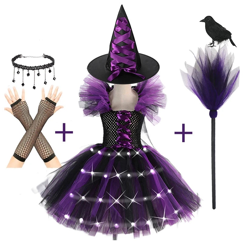 2025 Girls Cosplay Witch Halloween LED Dress Carnival Vestidos Party Kids Children Glowing Costume Party Princess Hat Dresses