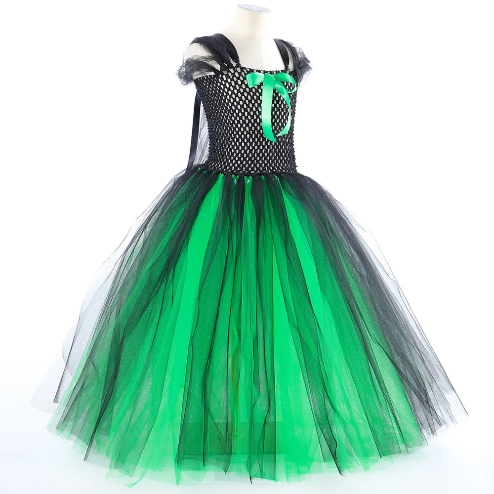 Wicked Elphaba Witch Costume for Girls Green Black Tutu Dress Kids Halloween Carnival Party Dress Up Clothes with Hat Broom Cape