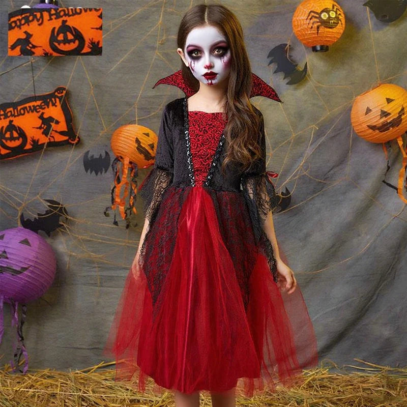 Girl Vampire Halloween Dress for Kid Ghost Bride Gothic Cosplay Vampire Costume Witch Dresses for Girls Carnival Party Clothes