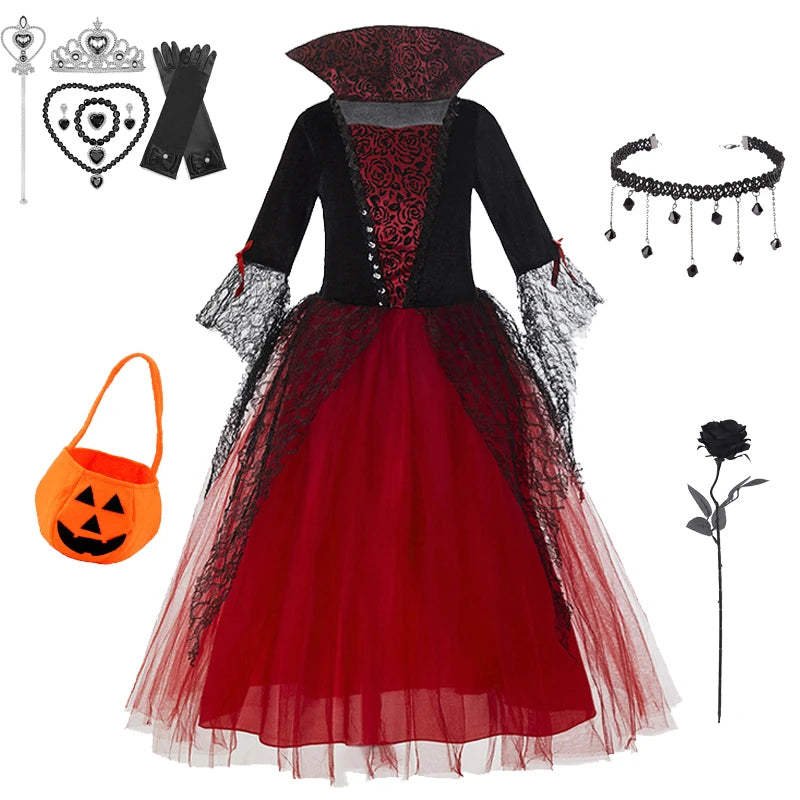 Girl Vampire Halloween Dress for Kid Ghost Bride Gothic Cosplay Vampire Costume Witch Dresses for Girls Carnival Party Clothes
