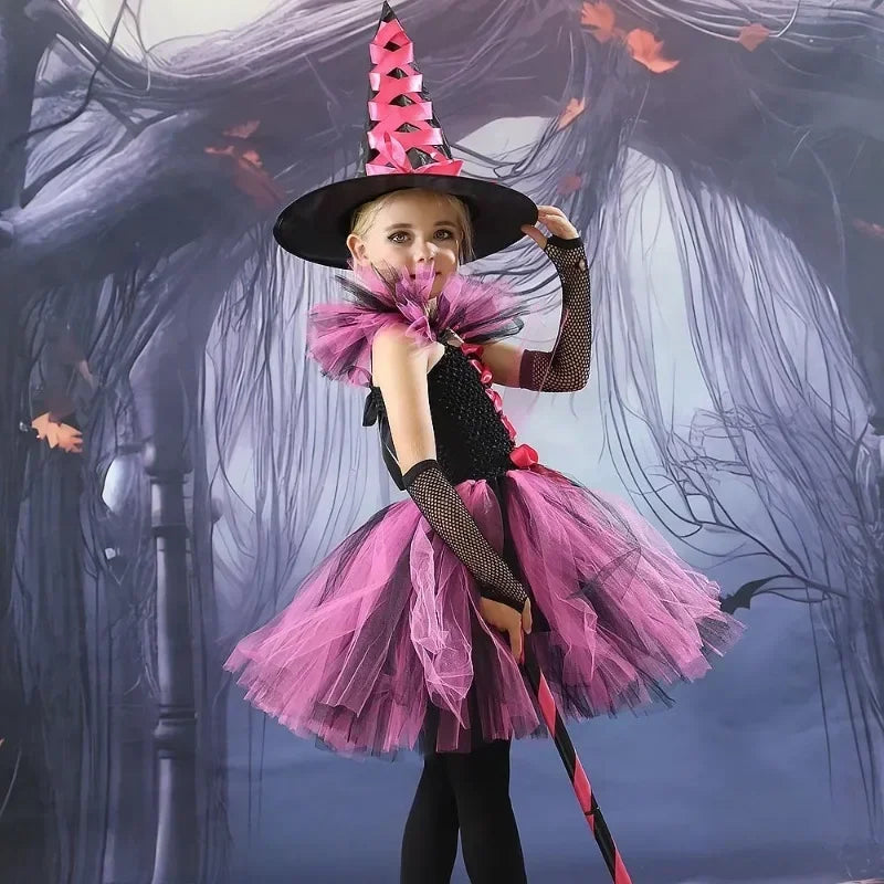 2025 Girls Cosplay Witch Halloween LED Dress Carnival Vestidos Party Kids Children Glowing Costume Party Princess Hat Dresses