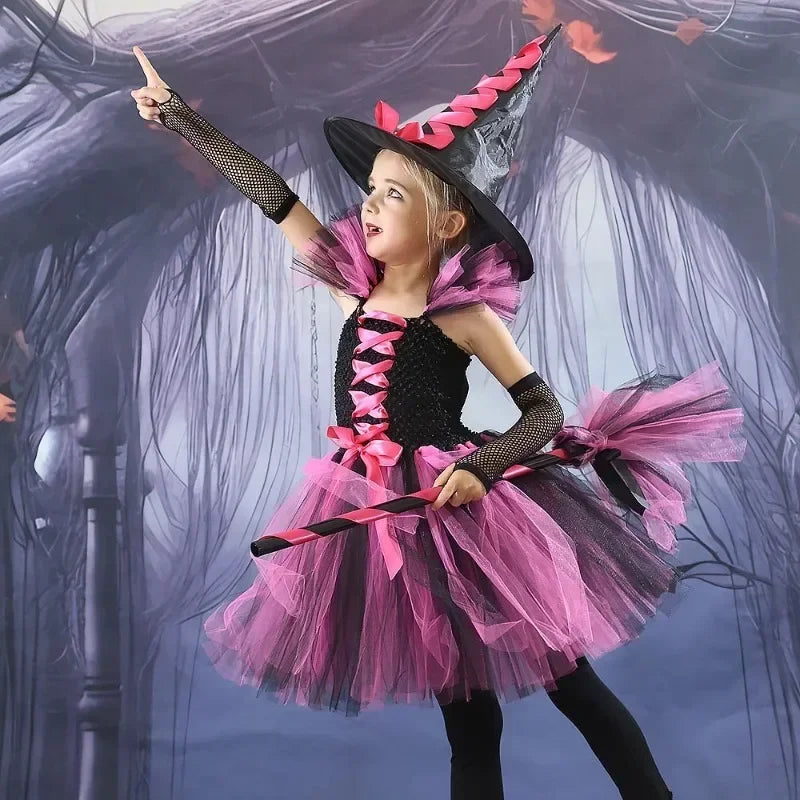 2025 Girls Cosplay Witch Halloween LED Dress Carnival Vestidos Party Kids Children Glowing Costume Party Princess Hat Dresses