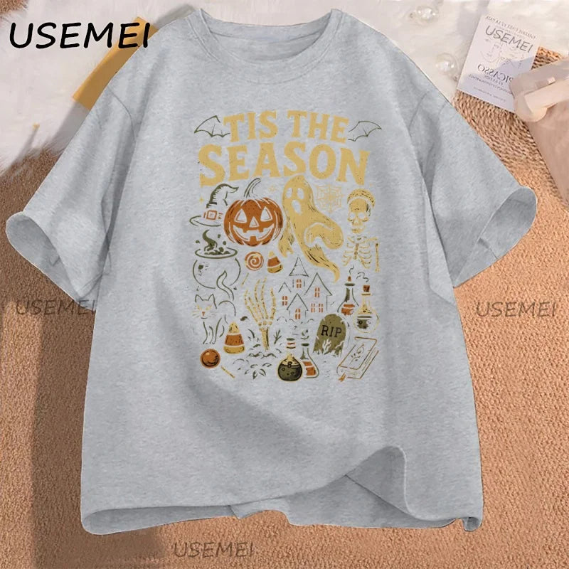 Retro Halloween T-Shirt Tis The Season Vintage Halloween Pumpkin Ghost Graphic Tee Men Women Loose Short Sleeve T-shirts Clothes