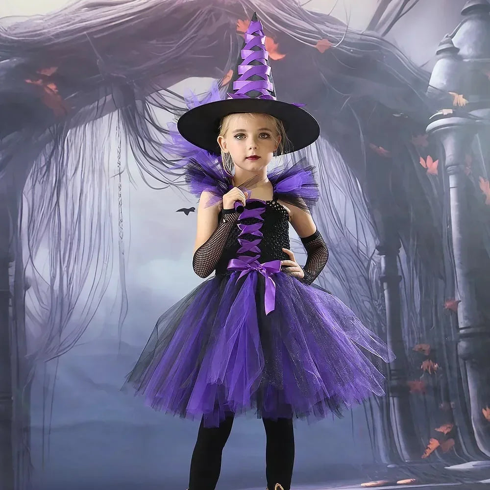 2025 Girls Cosplay Witch Halloween LED Dress Carnival Vestidos Party Kids Children Glowing Costume Party Princess Hat Dresses