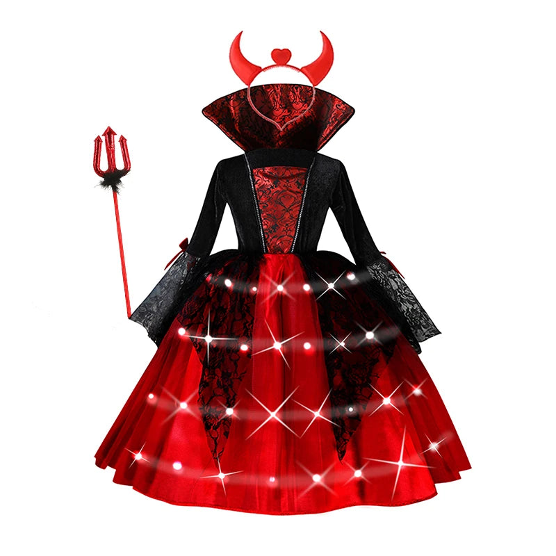 Kids Halloween Vampire Cosplay Costume Scarlet Gothic Dress with LED Light Perfect for Ghost Bride Carnival & Party Outfits