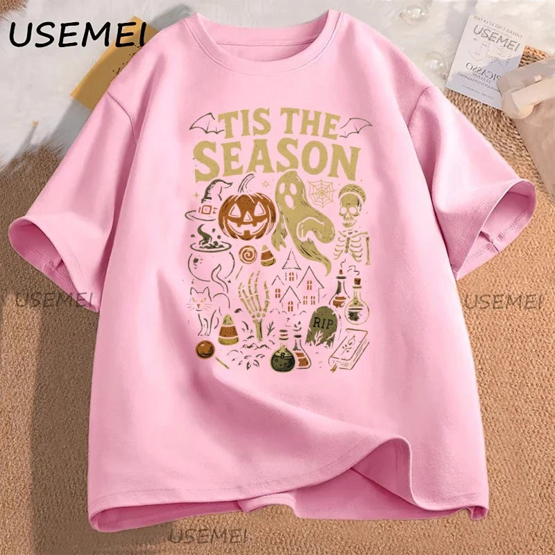 Retro Halloween T-Shirt Tis The Season Vintage Halloween Pumpkin Ghost Graphic Tee Men Women Loose Short Sleeve T-shirts Clothes