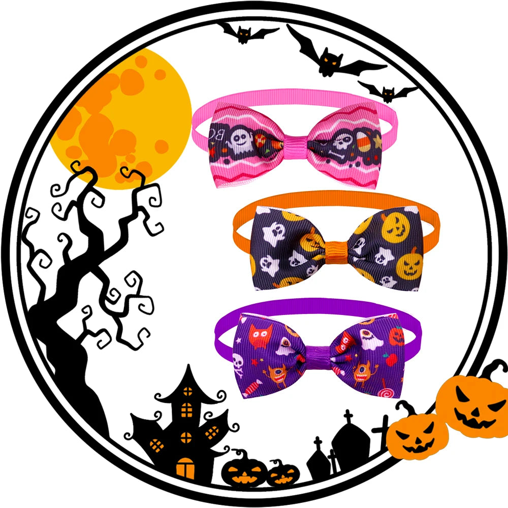 50pcs Halloween Small Dog Cat Bow Tie For Dogs Cats Bows Skull Styles Pet Dog Bowties Collar Holiday Grooming Items For Dogs