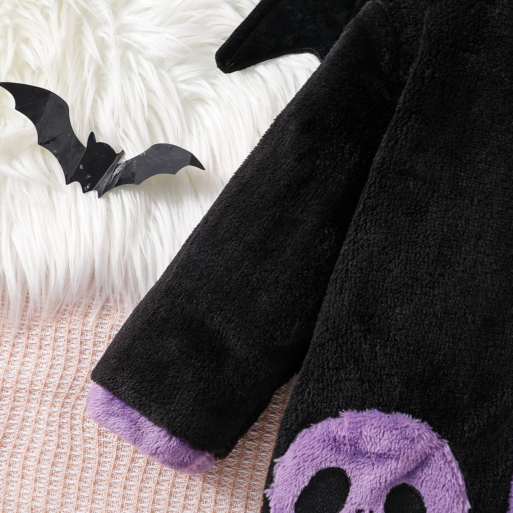 Halloween Baby Black Cat Rompers Cosplay Costume Fleece Long Sleeve Hooded Zip-Up Jumpsuit Infant Fuzzy Warm Hooded Overall