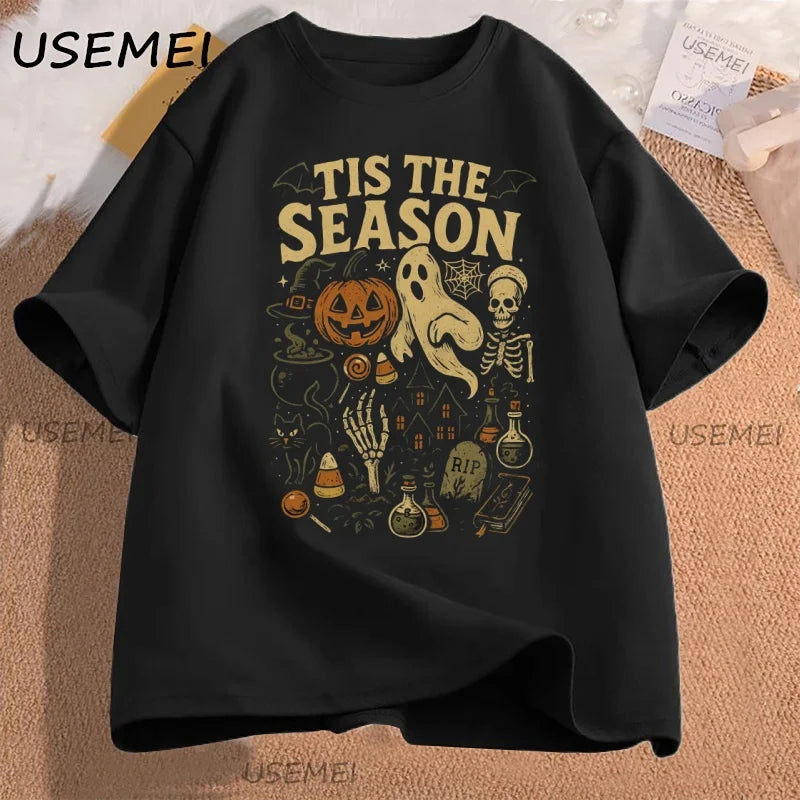 Retro Halloween T-Shirt Tis The Season Vintage Halloween Pumpkin Ghost Graphic Tee Men Women Loose Short Sleeve T-shirts Clothes