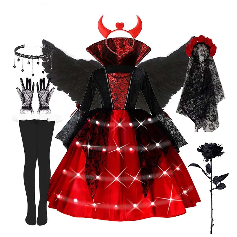 Kids Halloween Vampire Cosplay Costume Scarlet Gothic Dress with LED Light Perfect for Ghost Bride Carnival & Party Outfits