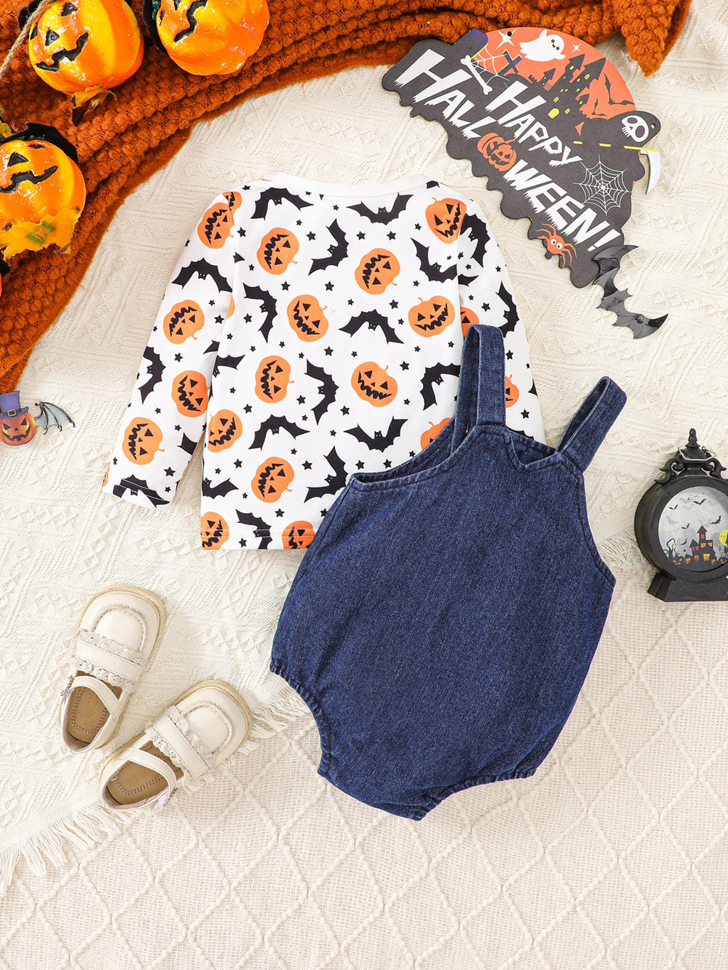 3Pcs Toddler Halloween Costumes Set Long Sleeve Ghost Witch Print Tops Pants Hat Infant Clothes for Party