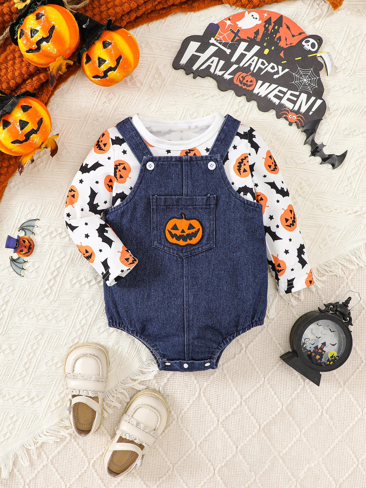 3Pcs Toddler Halloween Costumes Set Long Sleeve Ghost Witch Print Tops Pants Hat Infant Clothes for Party
