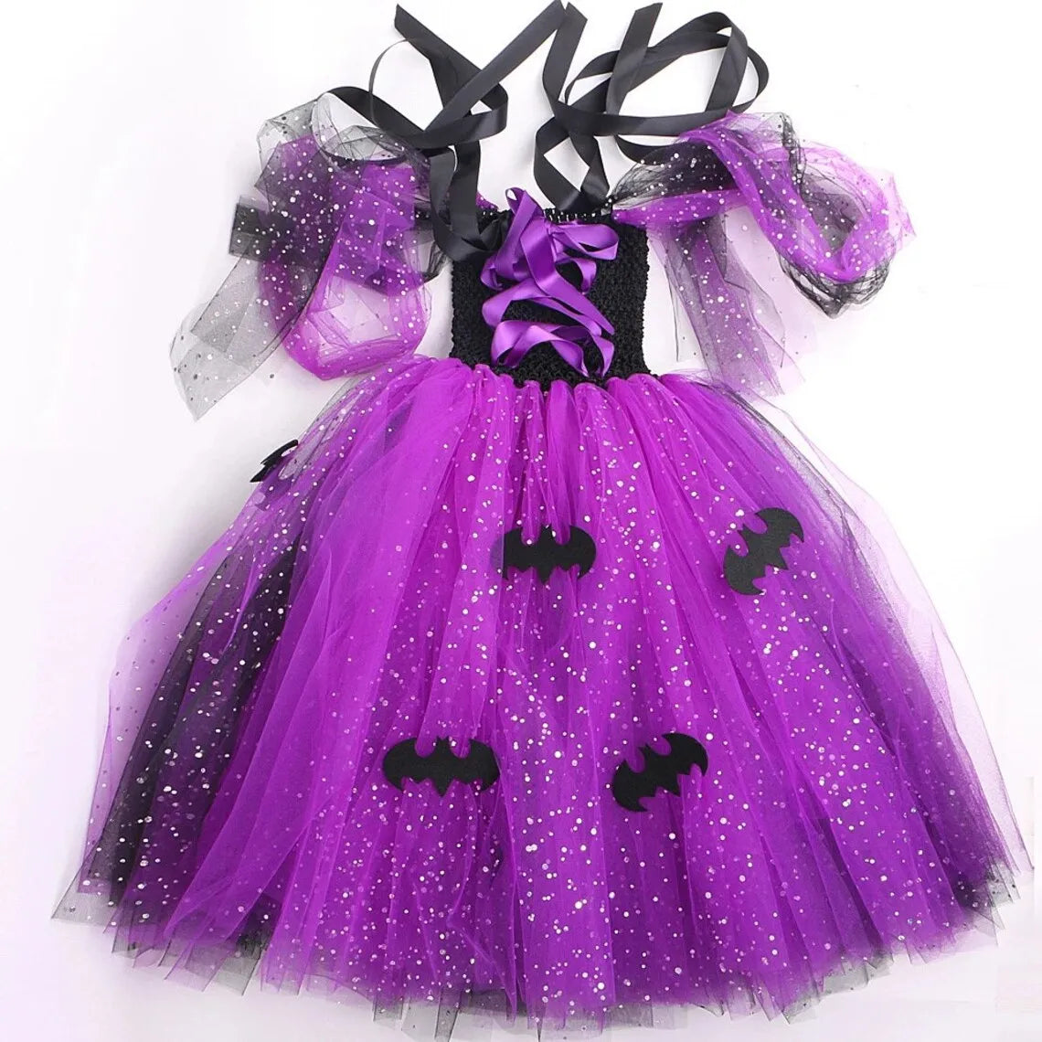 2025 Halloween Festive Party Girls Cosplay Witch Purple Puffy Sleeveless Bat Decoration Dress Girls Classic Festive Clothing Set
