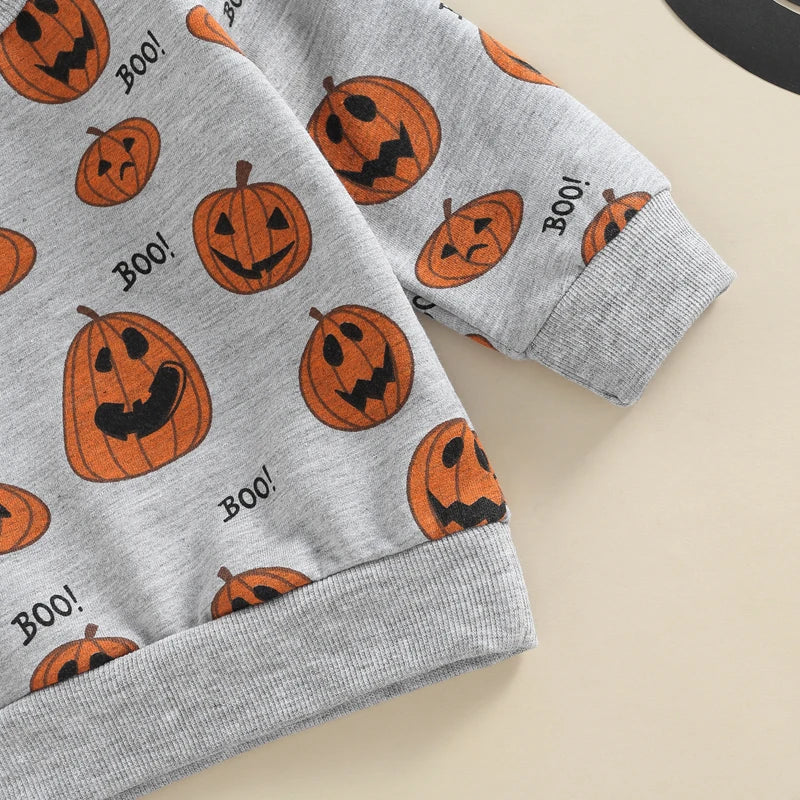 Infant Unisex Halloween Costumes Set with Long Sleeve Pumpkin Print Top and Gray Drawstring Pants for Boys and Girls