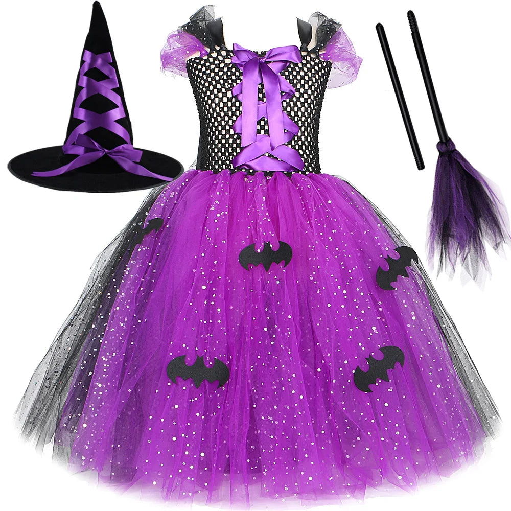 2025 Halloween Festive Party Girls Cosplay Witch Purple Puffy Sleeveless Bat Decoration Dress Girls Classic Festive Clothing Set