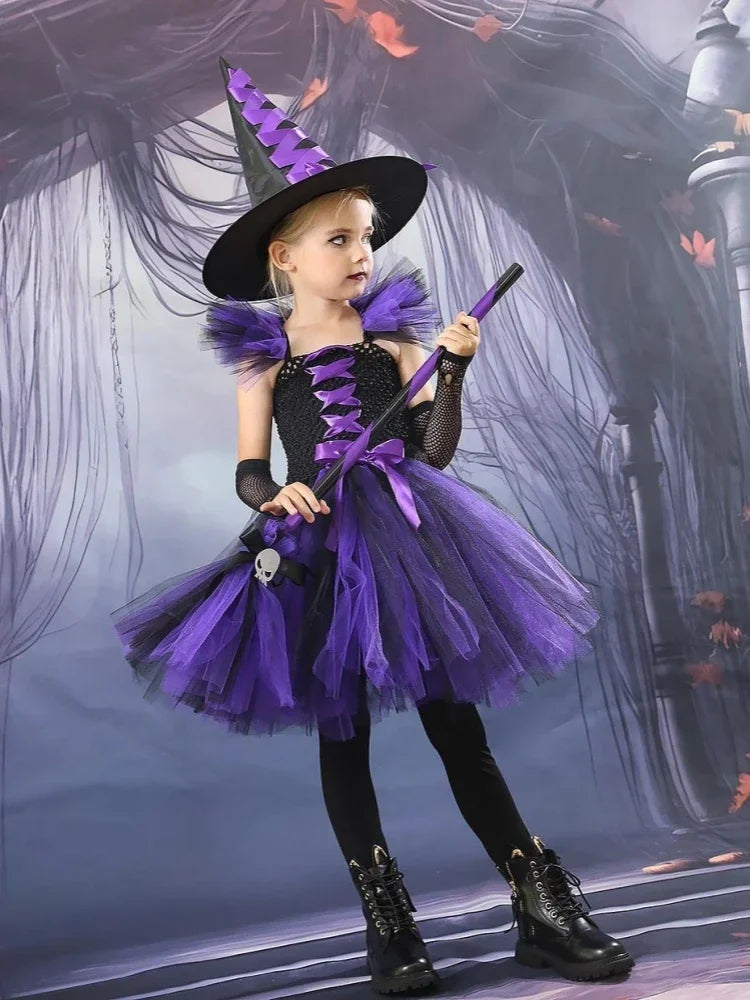 2025 Girls Cosplay Witch Halloween LED Dress Carnival Vestidos Party Kids Children Glowing Costume Party Princess Hat Dresses