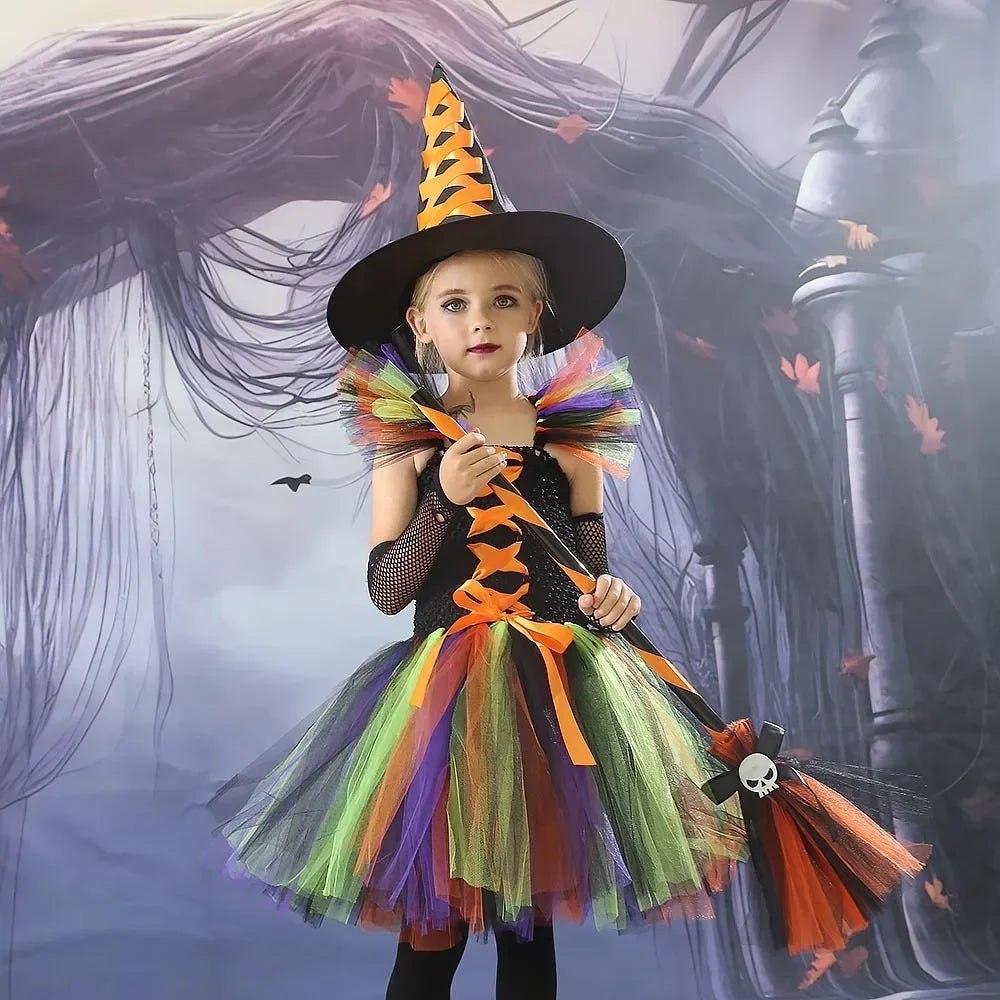 2025 Girls Cosplay Witch Halloween LED Dress Carnival Vestidos Party Kids Children Glowing Costume Party Princess Hat Dresses