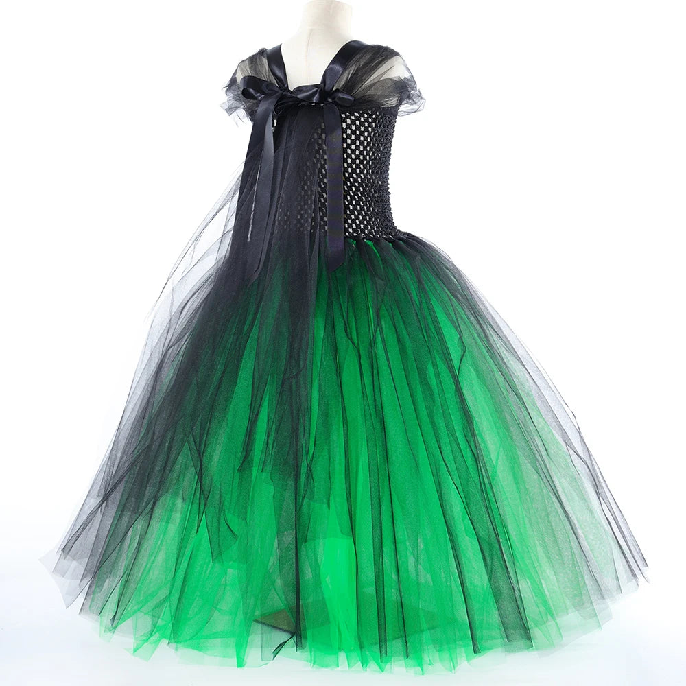 Wicked Elphaba Witch Costume for Girls Green Black Tutu Dress Kids Halloween Carnival Party Dress Up Clothes with Hat Broom Cape