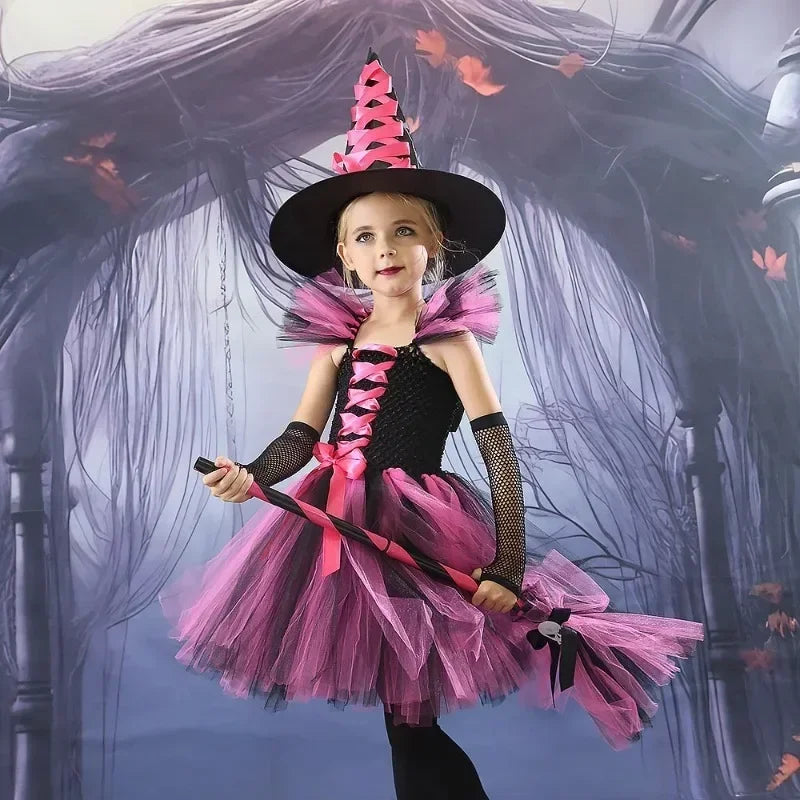 2025 Girls Cosplay Witch Halloween LED Dress Carnival Vestidos Party Kids Children Glowing Costume Party Princess Hat Dresses